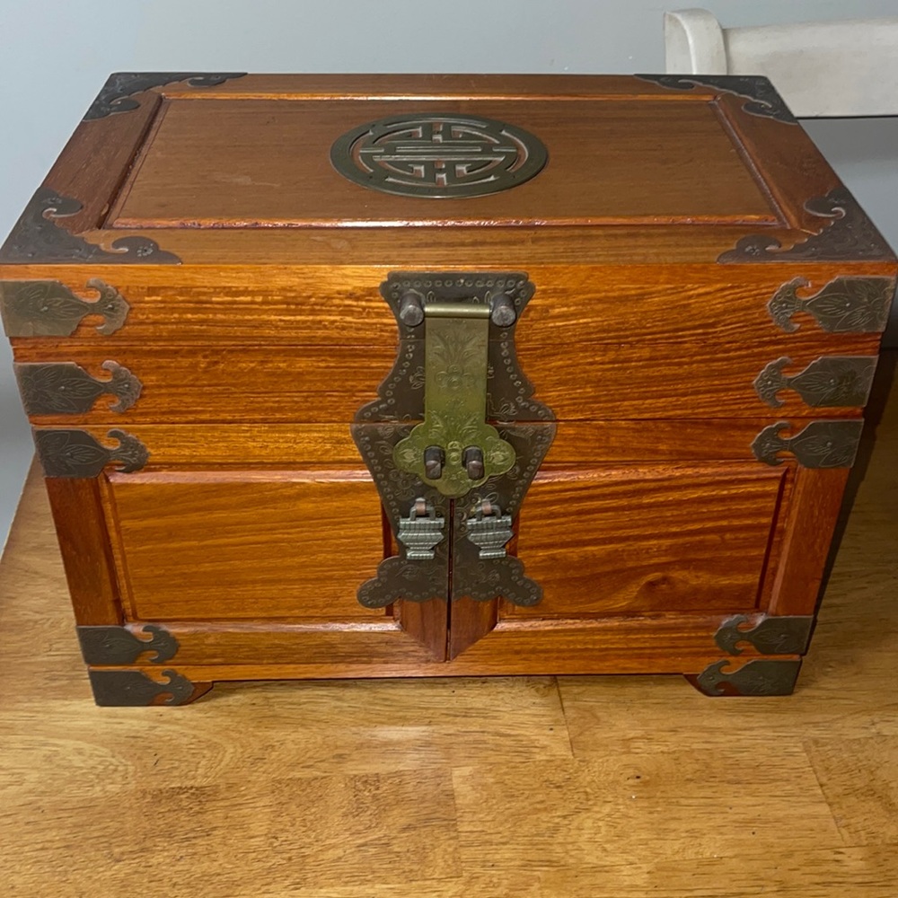 Vintage Chinese Asian Wooden Jewelry Box w/Brass Accents